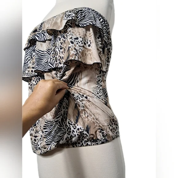 Dots Women Strapless Halter Leopard Zebra Animal Ruffle Black Tan Blouse Tops - Picture 9 of 14